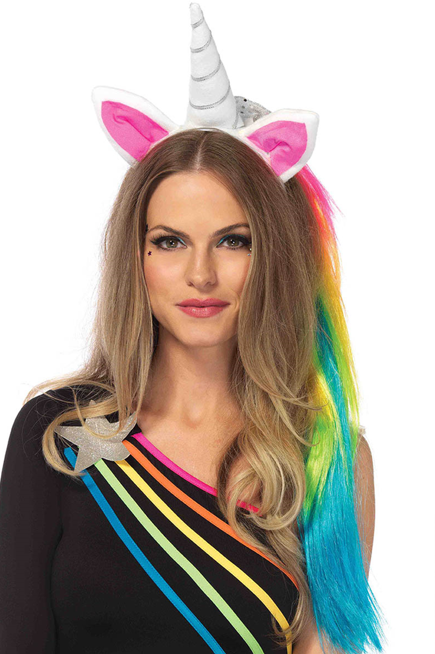 Shop the most magical Halloween costume accessory for your sexy unicorn costume featuring this unicorn headband with rainbow synthetic hair