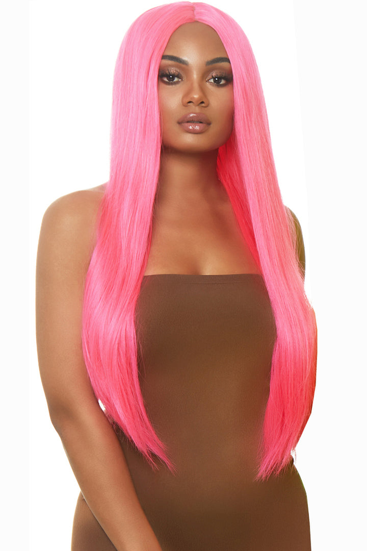 neon pink straight wig, long straight neon pink wig