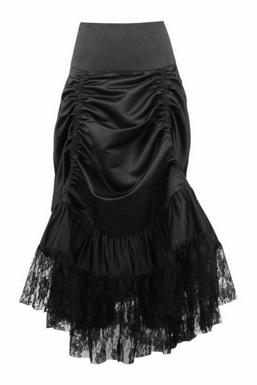 Black Satin & Lace Gothic Long Hi Low Bustle Skirt - Daisy Corsets