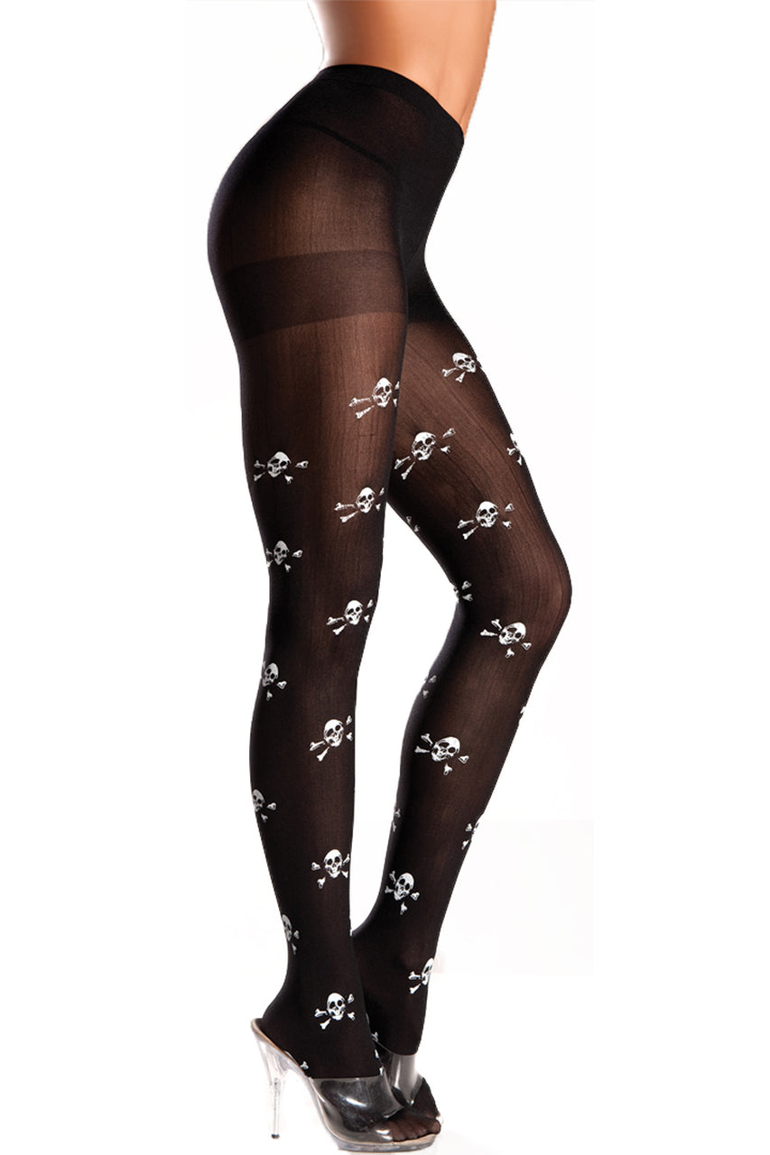Shop these black opaque pantyhose with white skull and crossbones