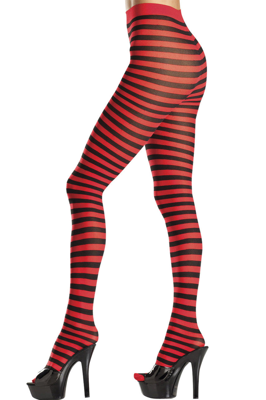 Shop these black and red striped pantyhose with feet
