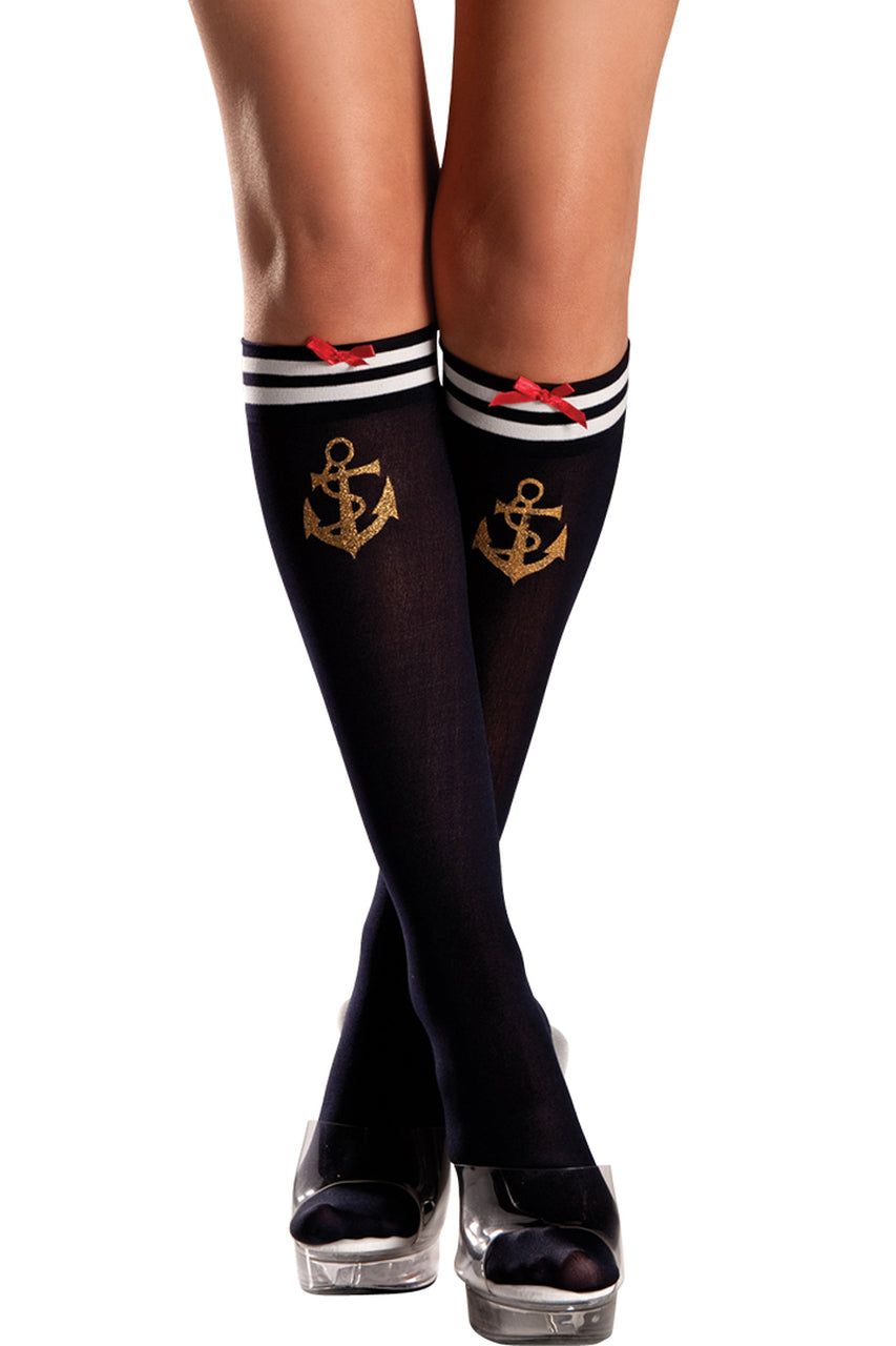 navy blue knee high stockings with gold anchors