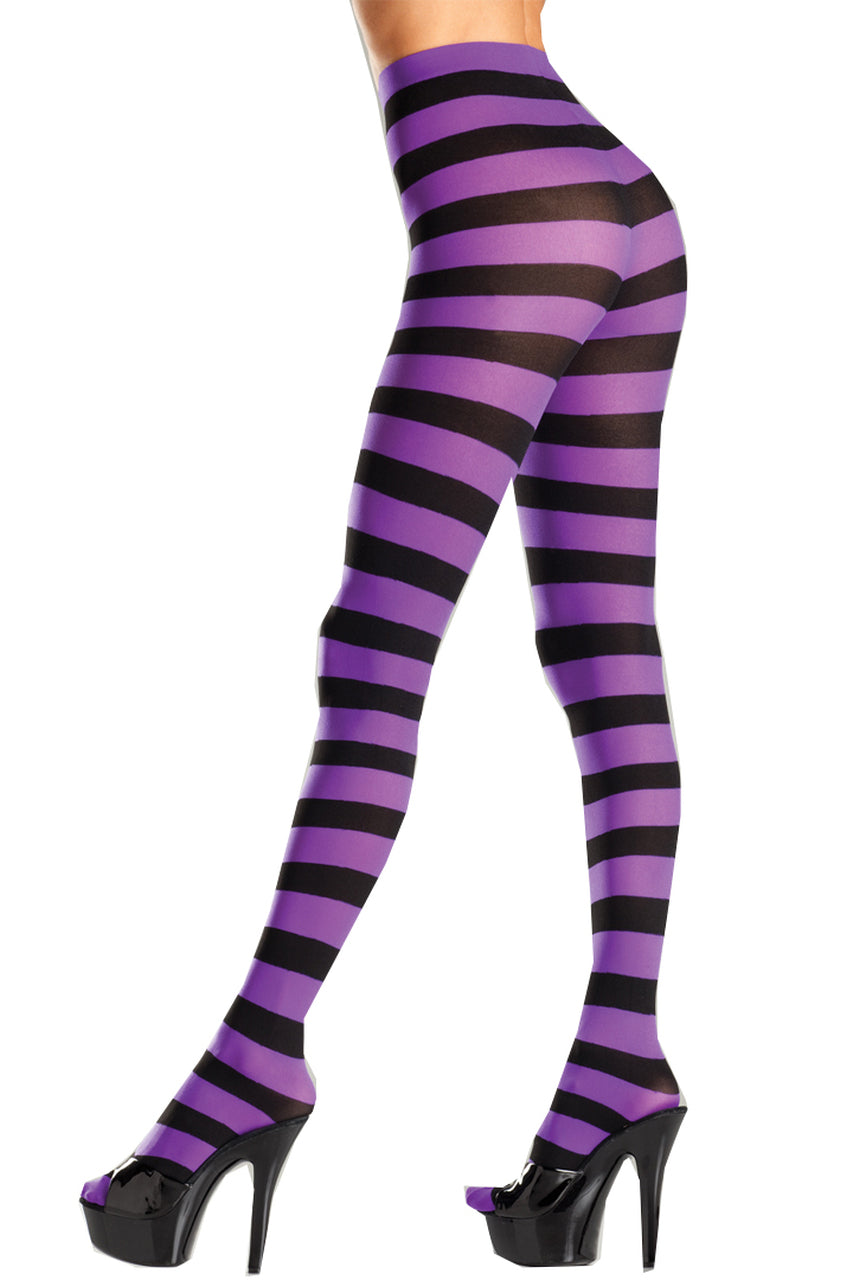 Shop these women's tights with stripes featuring black and purple wide striped pantyhose