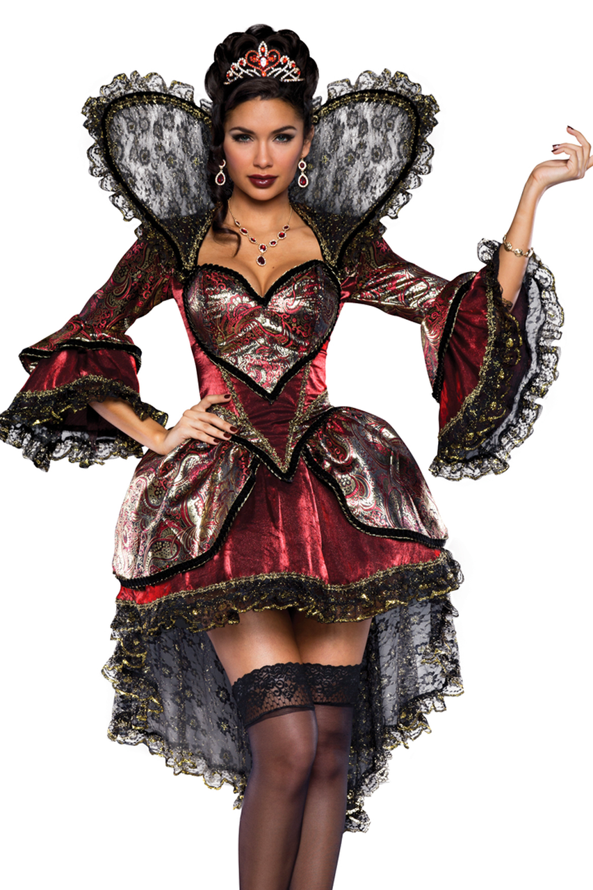 Shop this women's sexy Queen of Hearts costume featuring a deluxe Wonderland Queen costume with brocade velvet dress and extravagant collar