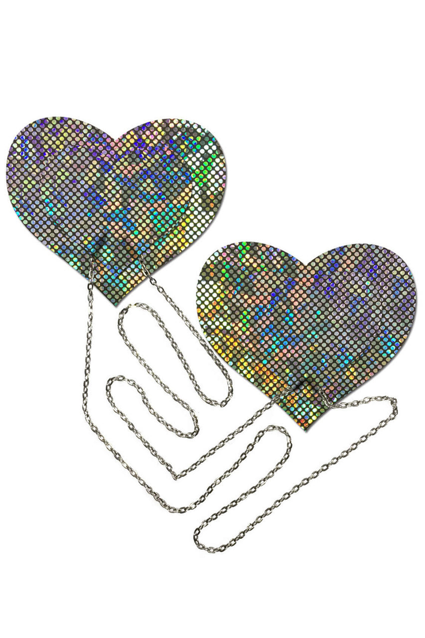 Shop this silver glitter heart shaped nipple pasties with chains