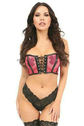 Hot Pink Fishnet & Faux Leather Lace-Up Short Bustier Top