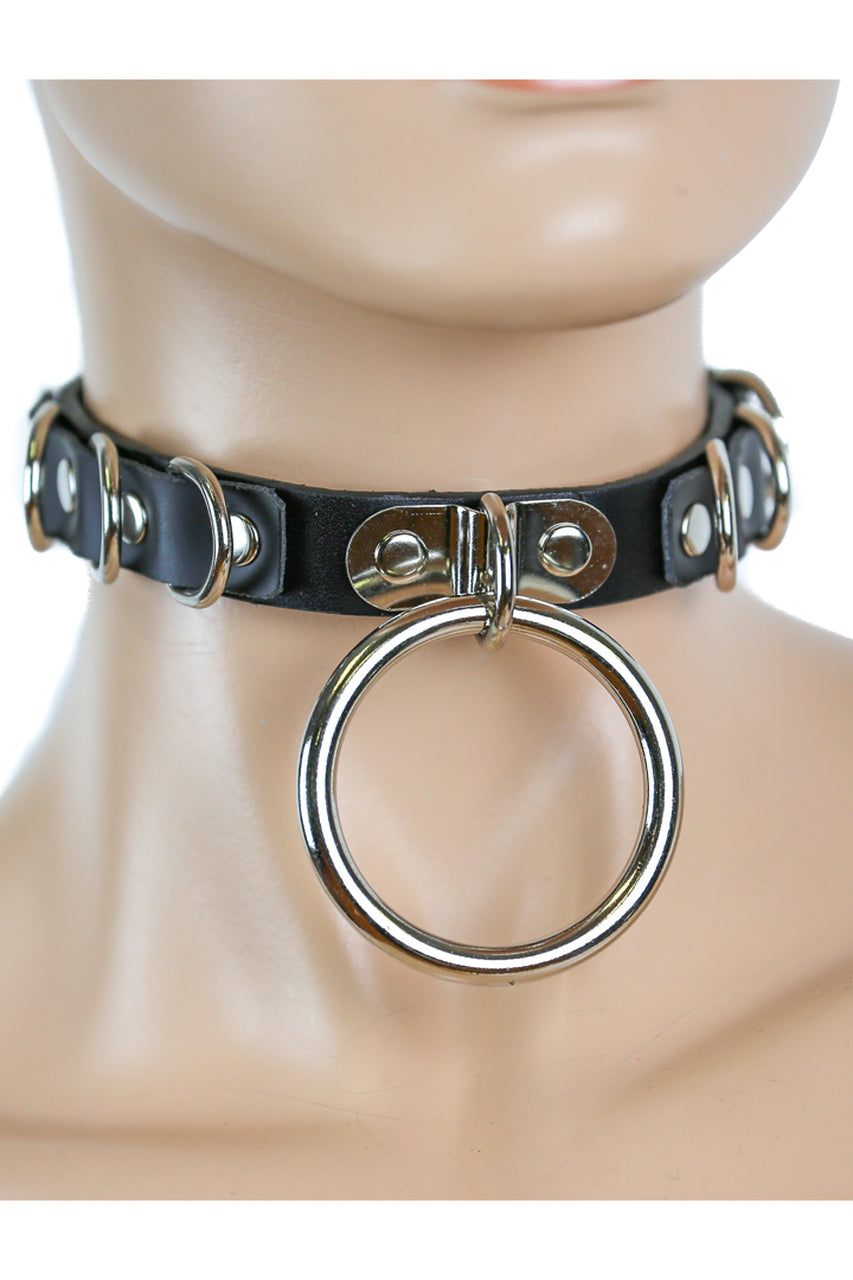 Shop this BDSM Collar that features a 100% genuine leather o ring choker with multiple D rings and bondage choker