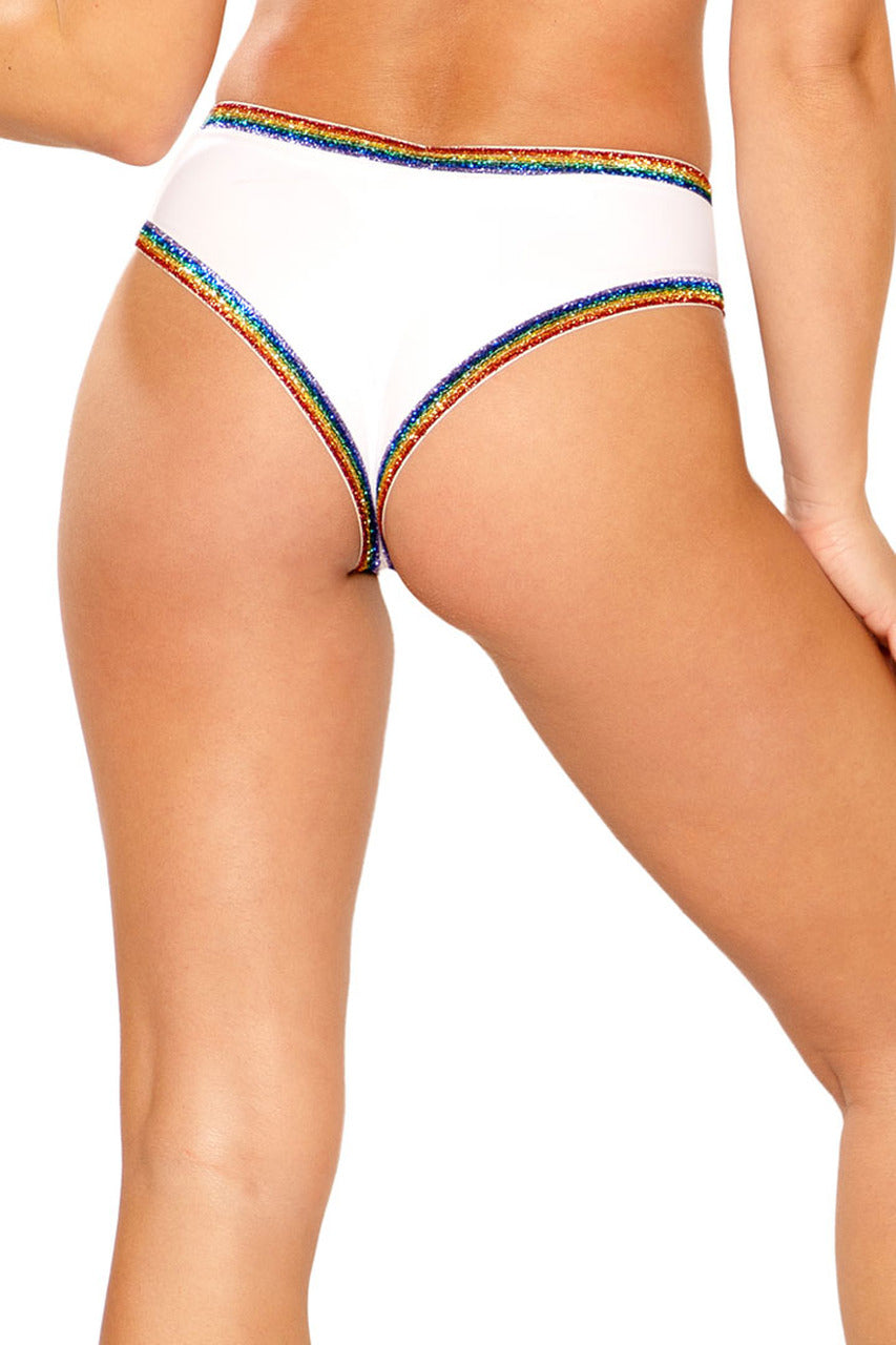Shop this J Valentine white booty shorts with rainbow glitter trim for a fun and sexy DIY unicorn costume