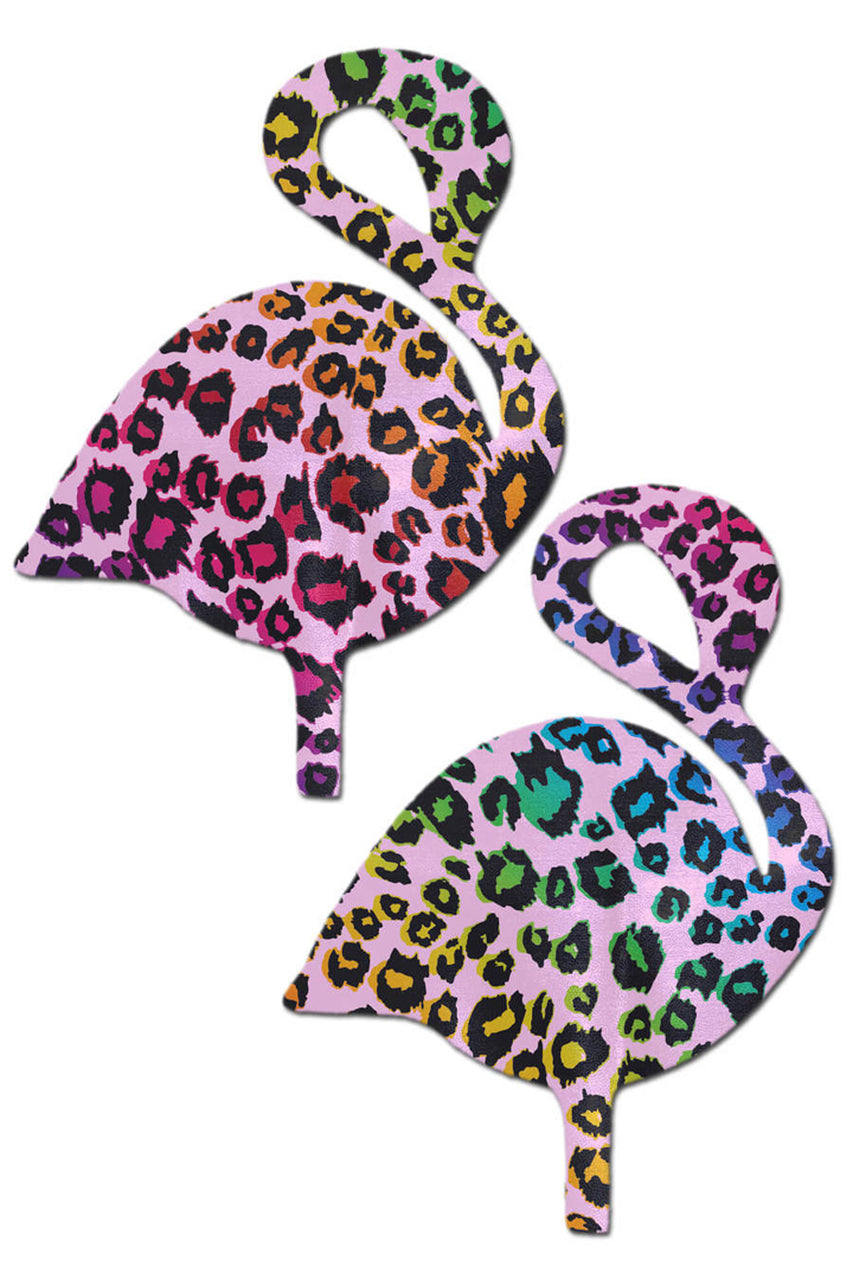 Shop these pink flamingo nipple covers with rainbow cheetah print