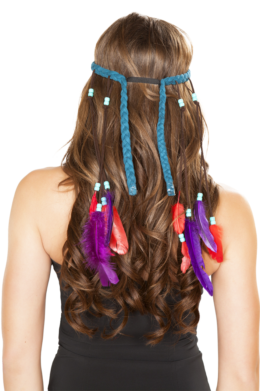 Shop this women's turquoise indian headband hair piece featuring a braided headband with hanging feathers and beads