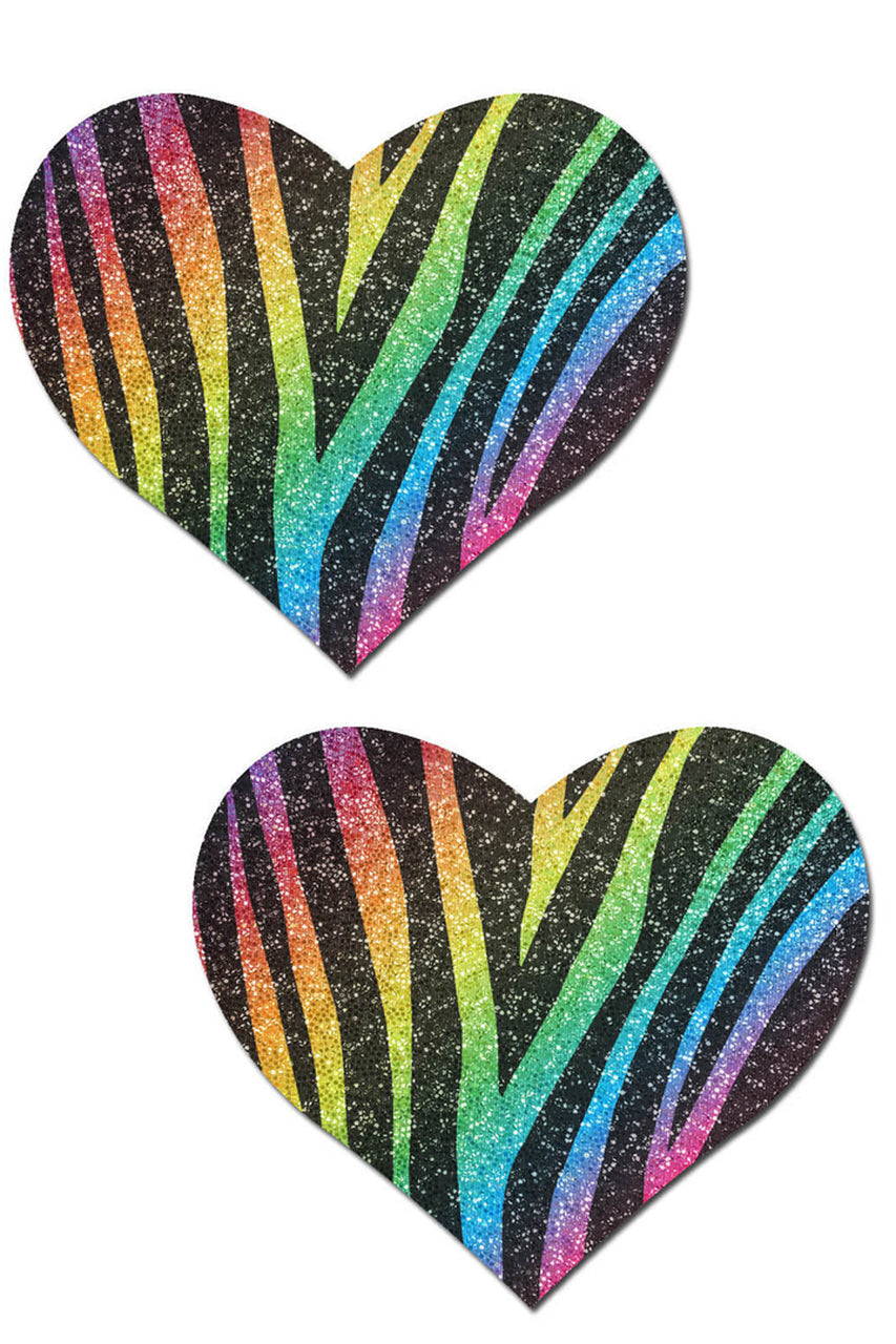 Shop these nipple stickers that feature rainbow colored glittery heart nipple breast pasties with cheetah print