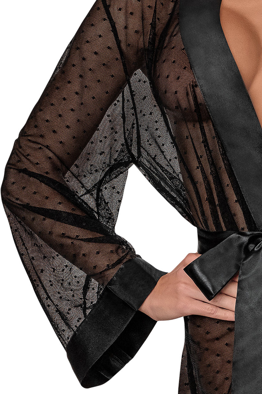 Shop this dotted mesh lingerie robe with black satin trim