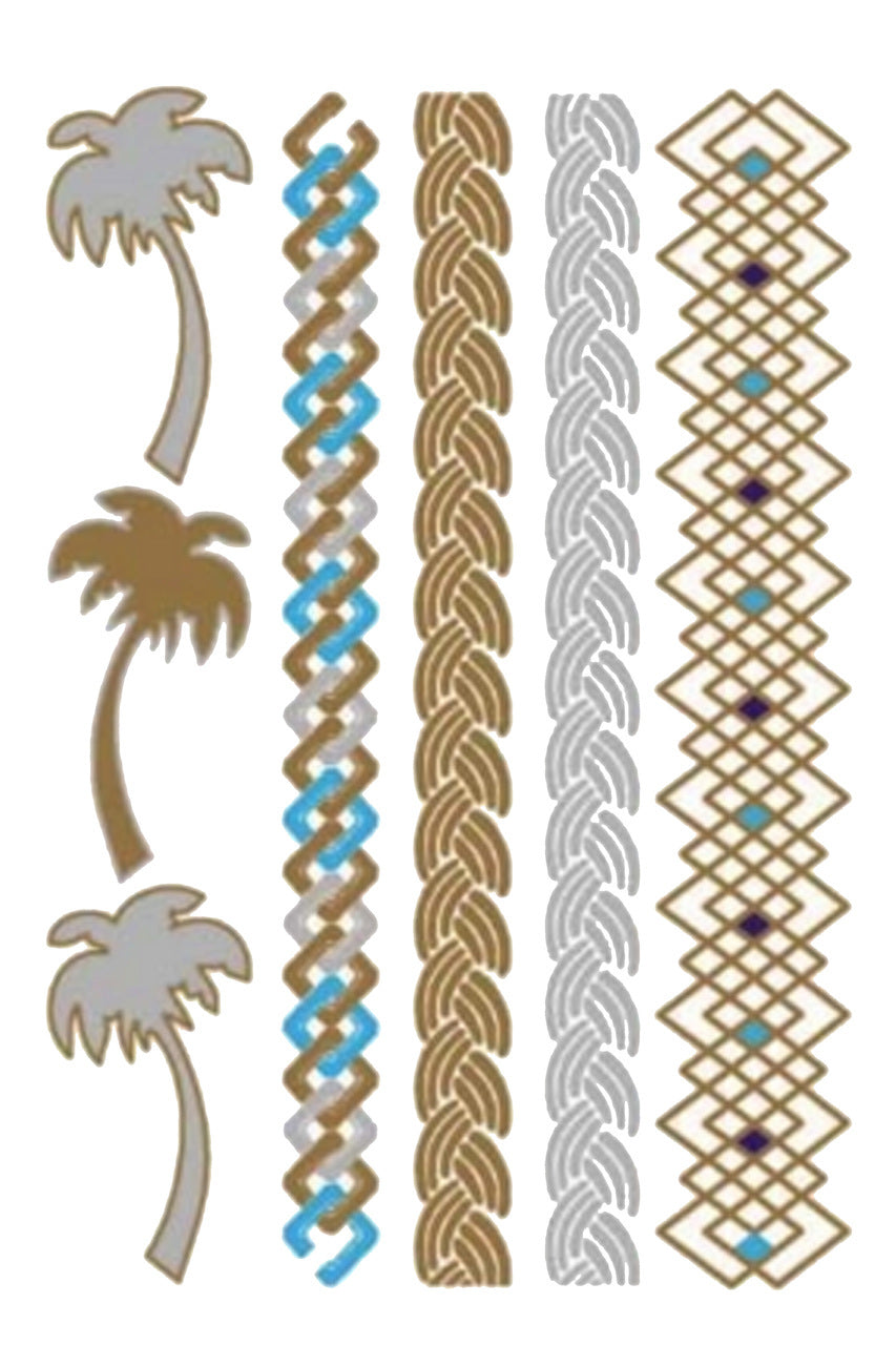 Gold Metallic Fake Tattoos Palm Trees and Armband