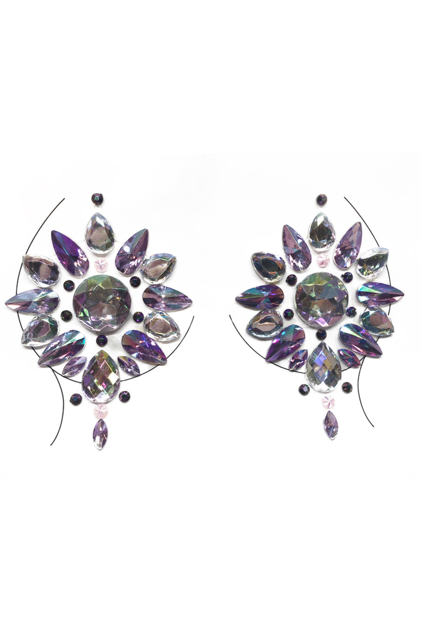 Shop these crystal boob jewels that feature colorful crystal stick on nipple pasties that feature rhinestone nipple covers in a  purple and iridescent color