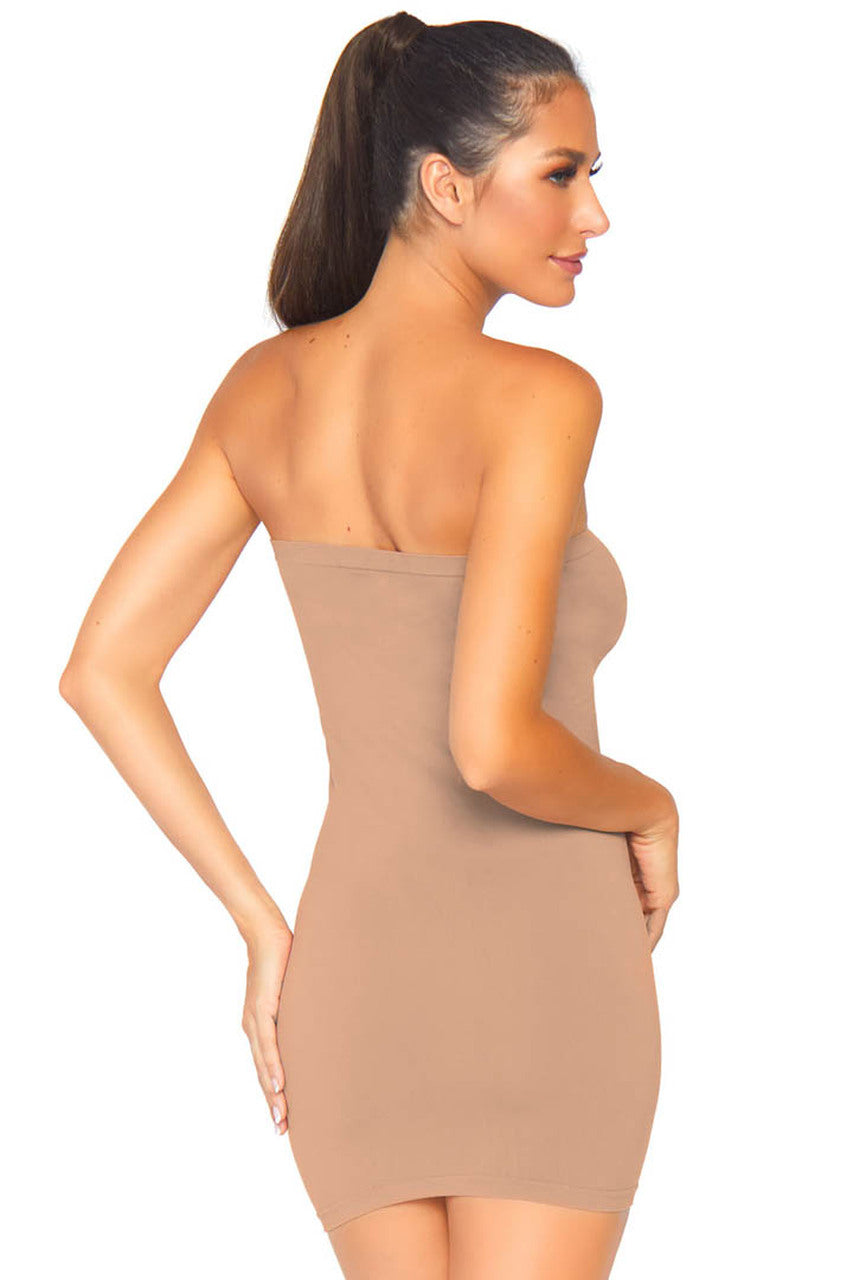 tan strapless dress, microfiber bodyshaper dress