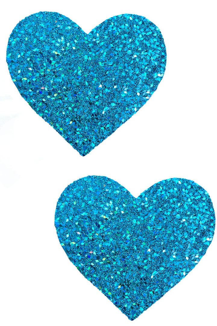 Shop these turquoise blue glitter hearts nipple pasties with holographic glitter flakes