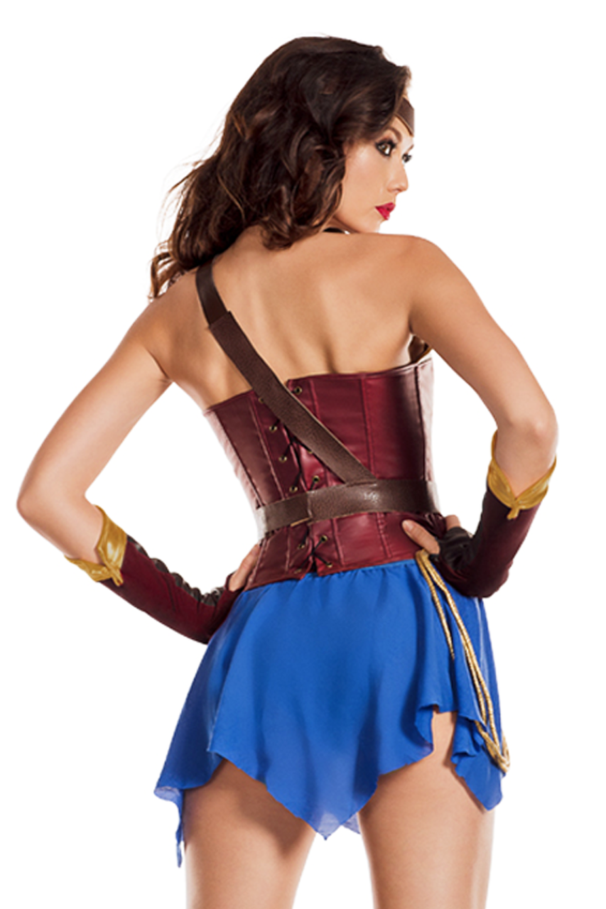 Shop this women's Wonder Woman movie costume that features a sexy blue skirt with brown corset and gold accents