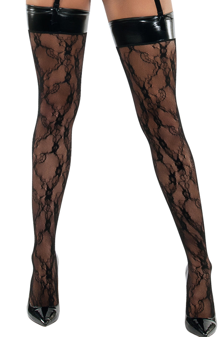 Women's black thigh high stockings with vinyl tops