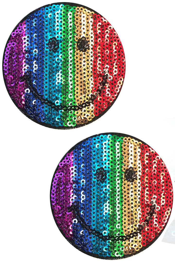 Sequin smiley face Nifty Nipple Pasties that feature sequin nipple pasties with rainbow sequin stripes