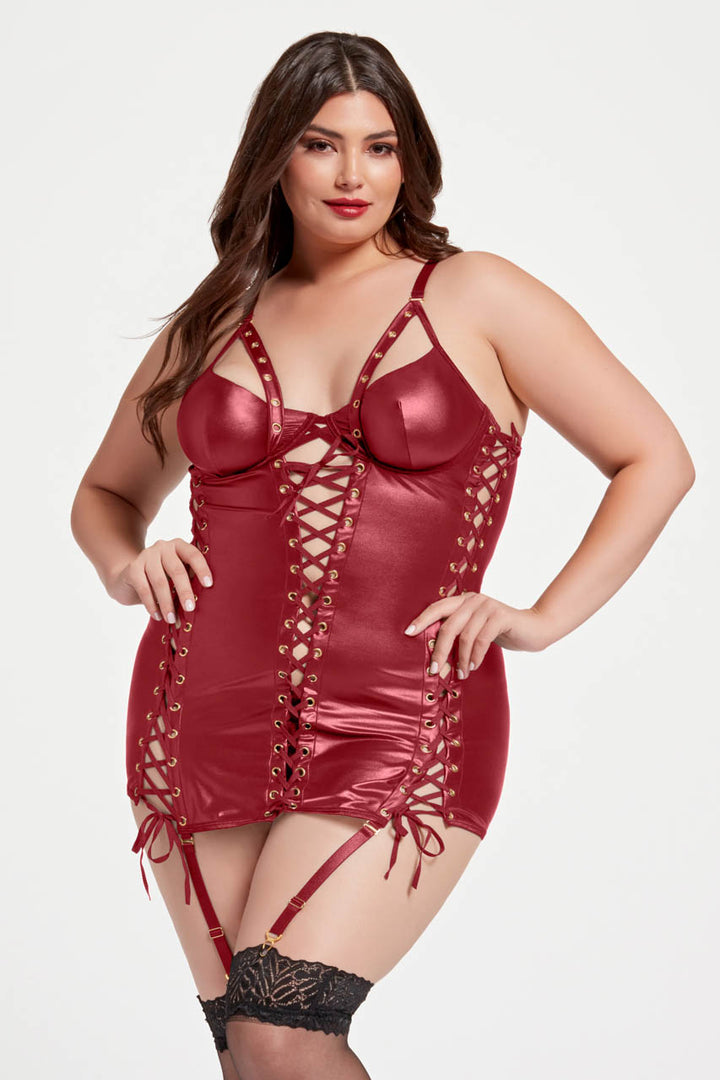 Plus Size Wild Night Faux Leather Garter Chemise