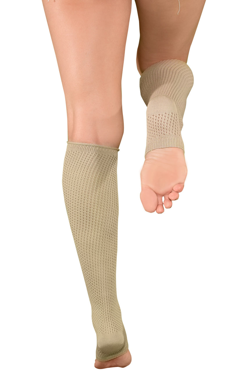 Shop these tan women's knee high socks with cutout feet for dance style legwarmers
