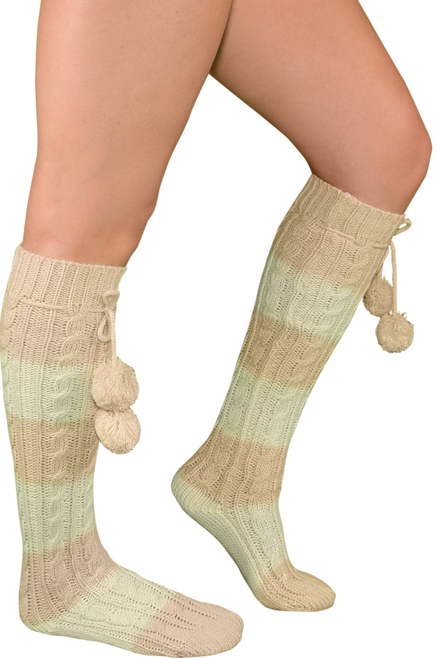 Shop these pink and white striped knee high socks with pom poms