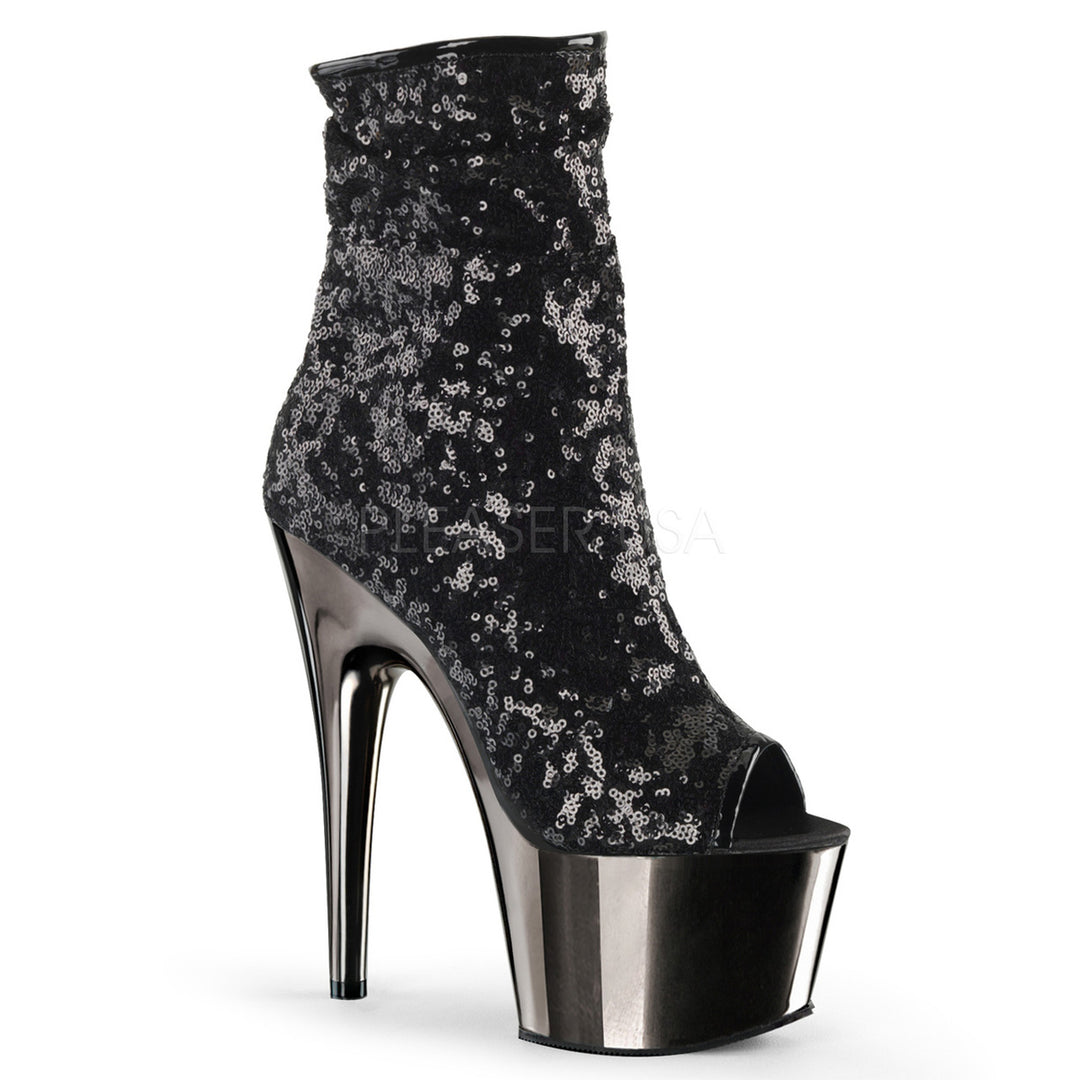 Sexy 7" stiletto black sequin peep toe sandal ankle booties