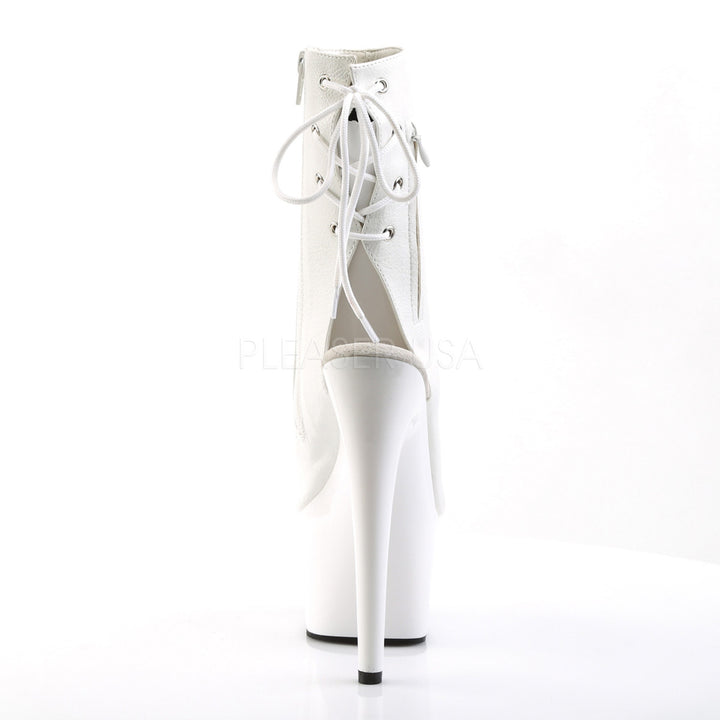 Pleaser Shoes - women's white open toe/heel faux leather ankle boots with 2.8" platform and 7" spike heel
