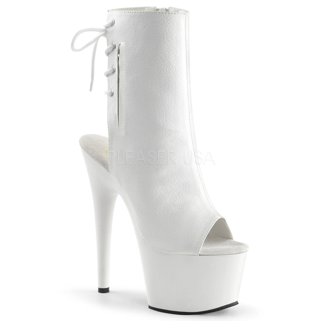 Women's 7" spike heel white open toe/heel faux leather ankle boots