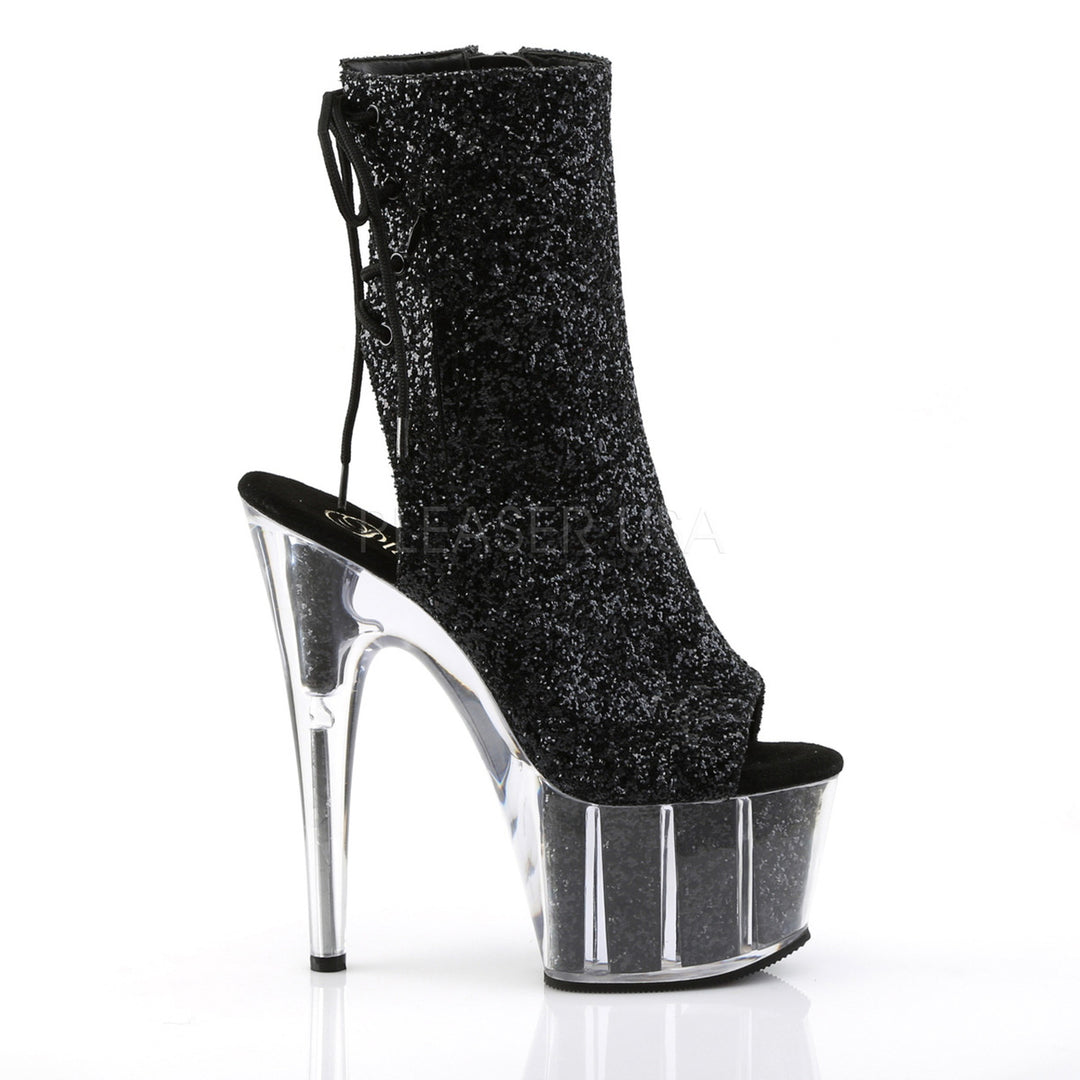 Sexy women's black glitter booties with 7" heel - Pleaser Shoes SKU # ado1018g/b/m