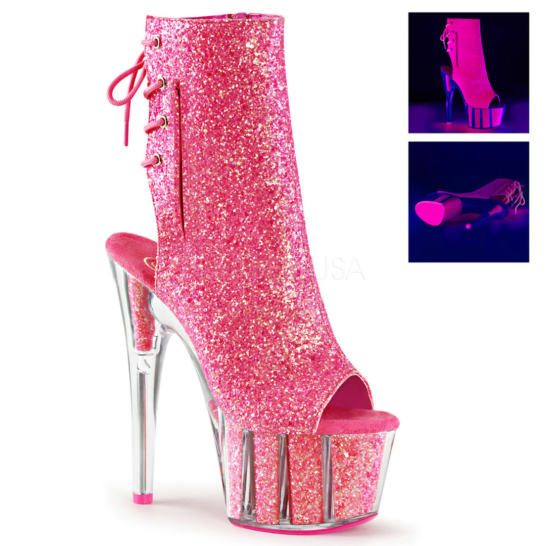 Women's 7" spike heel hot pink glitter ankle boots