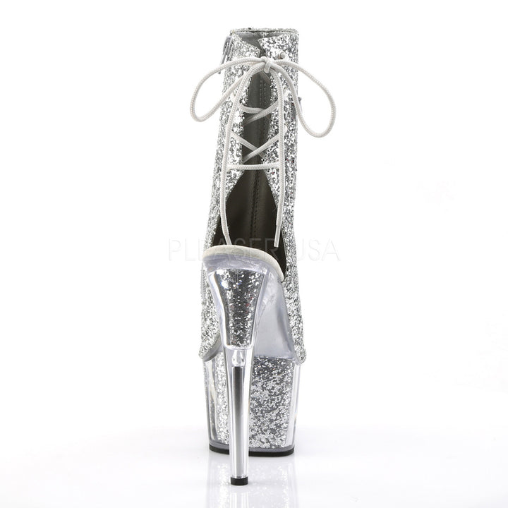 Pleaser Shoes - silver glitter ankle booties with 2.8" platform and 7" stiletto