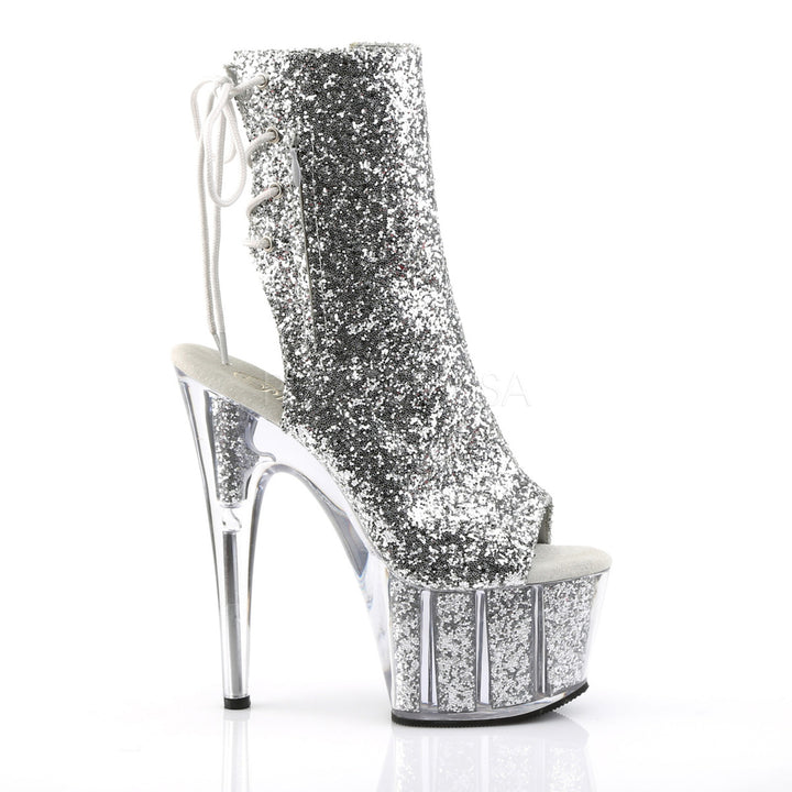 Silver glitter ankle booties with 7" stiletto - Pleaser Shoes SKU # ado1018g/s/m