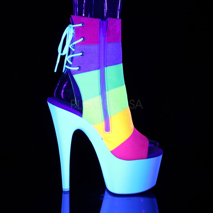 White/rainbow glitter ankle booties with 7" heel - Pleaser Shoes SKU # ado1018rbg/rbowg/nw