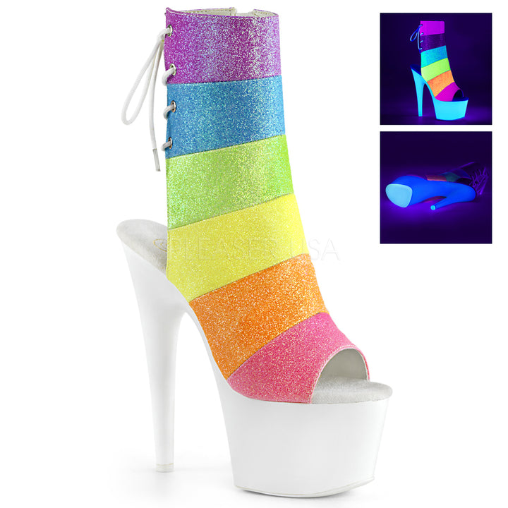7" heel white/rainbow glitter open toe/heel ankle booties