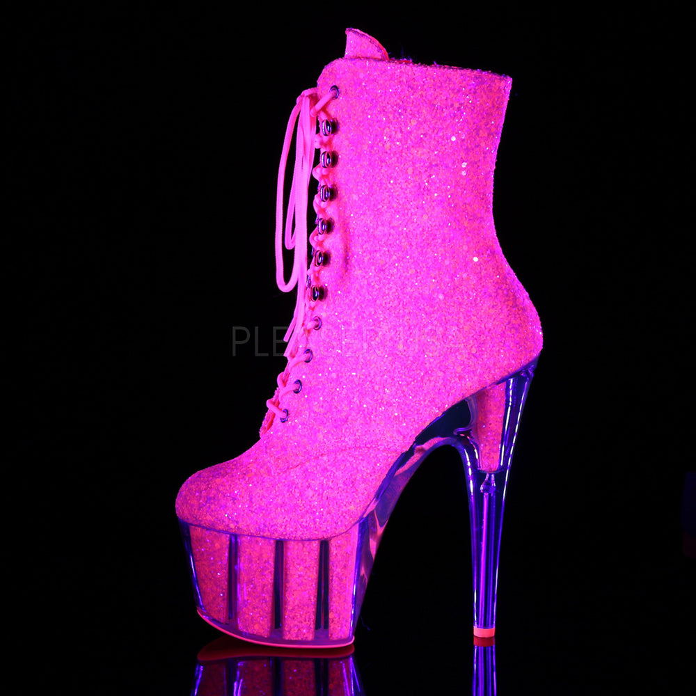 2.8" platform hot pink glitter ankle boots with 7 inch spike heel