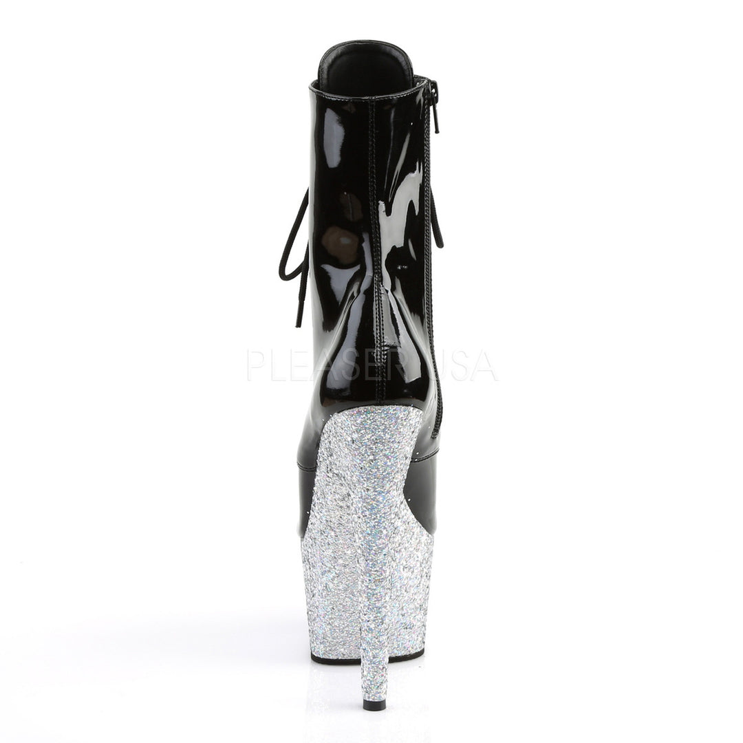 Pleaser Shoes - black/silver glitter ankle booties with 2.75" platform and 7" stiletto