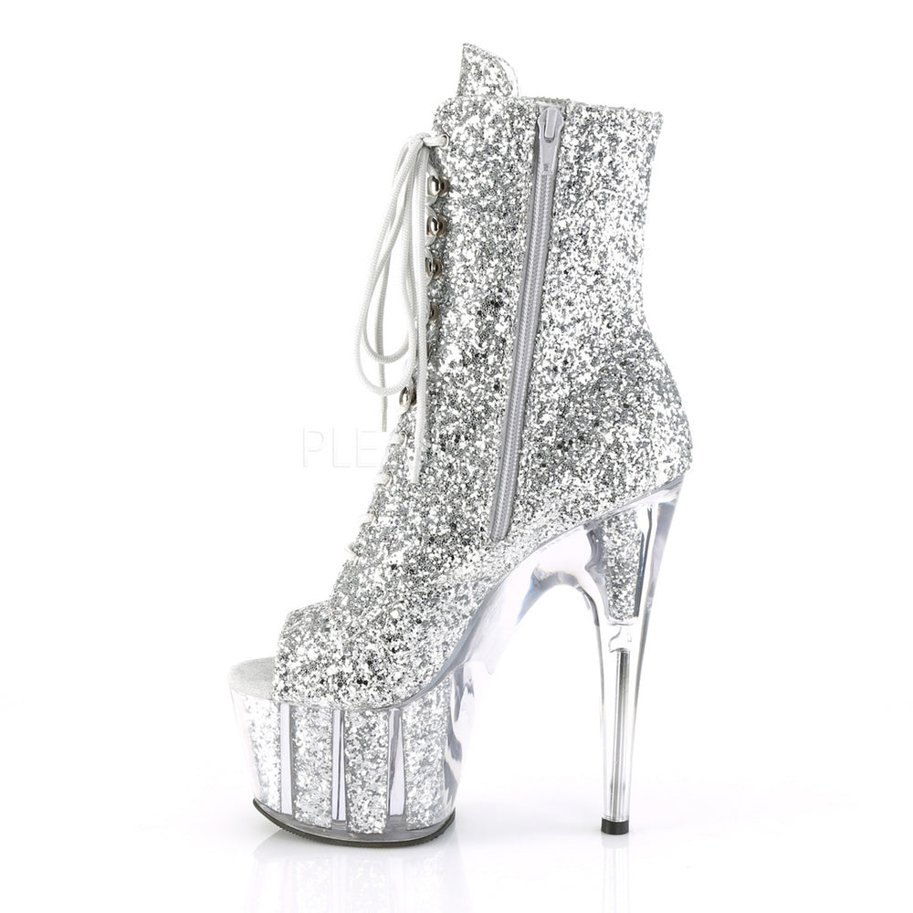 Women's 2.8" platform silver glitter peep toe lace-up ankle booties with 7 inch stiletto
