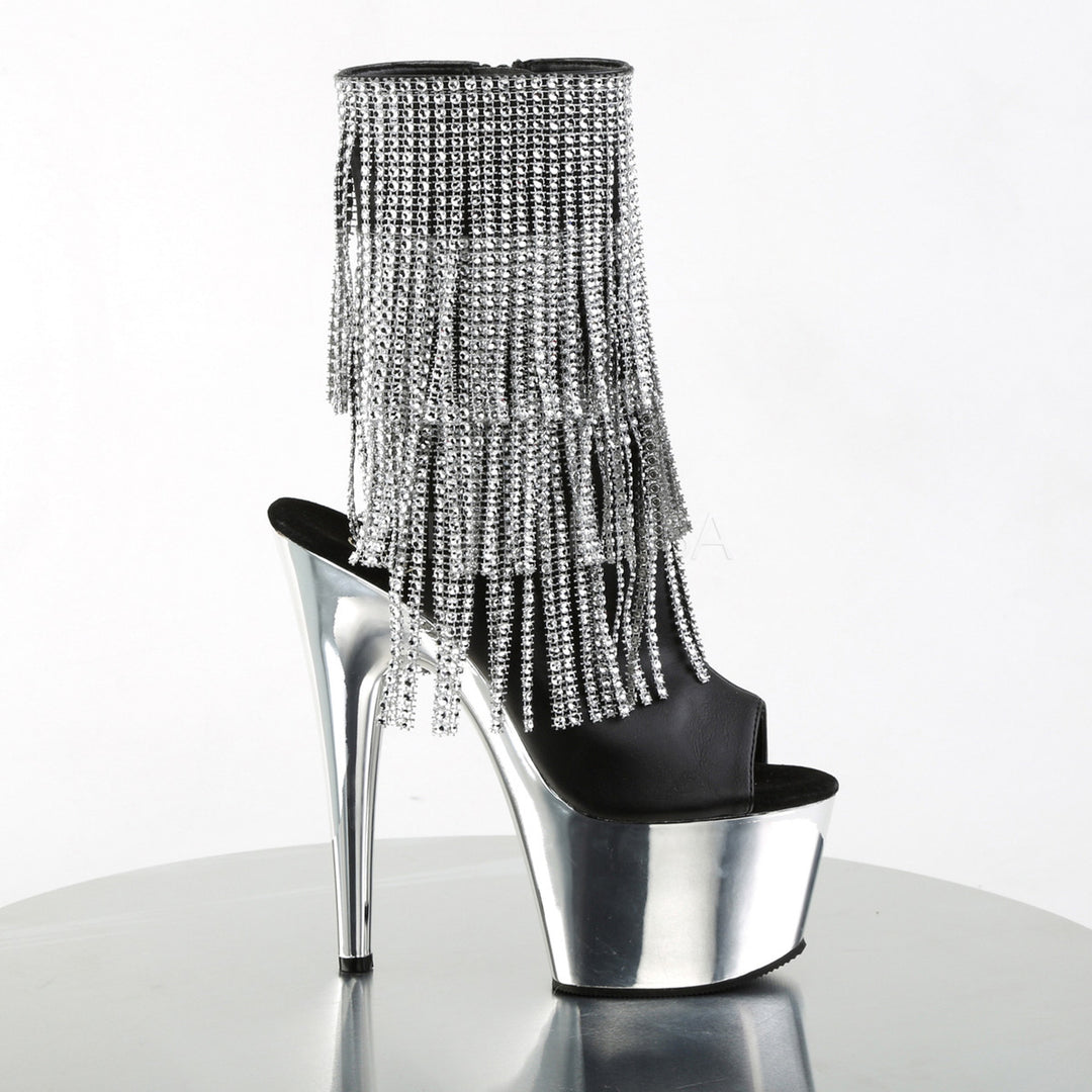 Sexy black/silver faux leather booties with 7" heel - Pleaser Shoes SKU # ado1024rsf/bpu/sch
