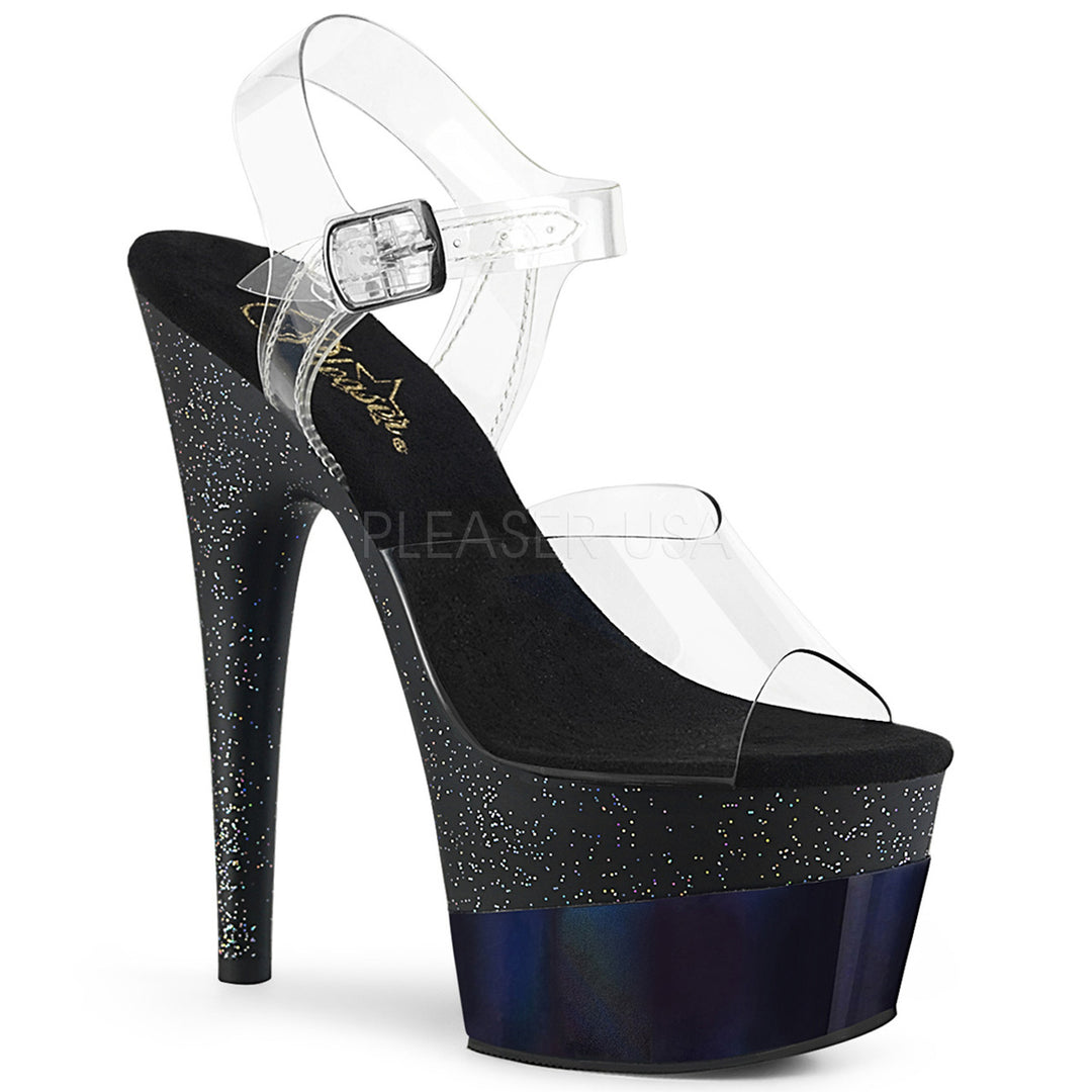 Sexy clear/black glitter ankle strap pole dancing heels with 7" stiletto heel.