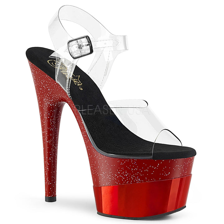 Women's sexy clear/red glitter ankle strap stripper heels with 7" heel.