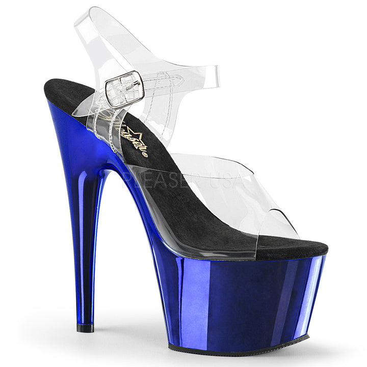 Women's sexy clear/blue ankle strap pole dancing heels with 7" heel.
