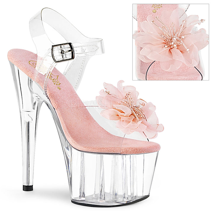 Sexy clear/pink ankle strap stripper pumps with 7" stiletto heel.