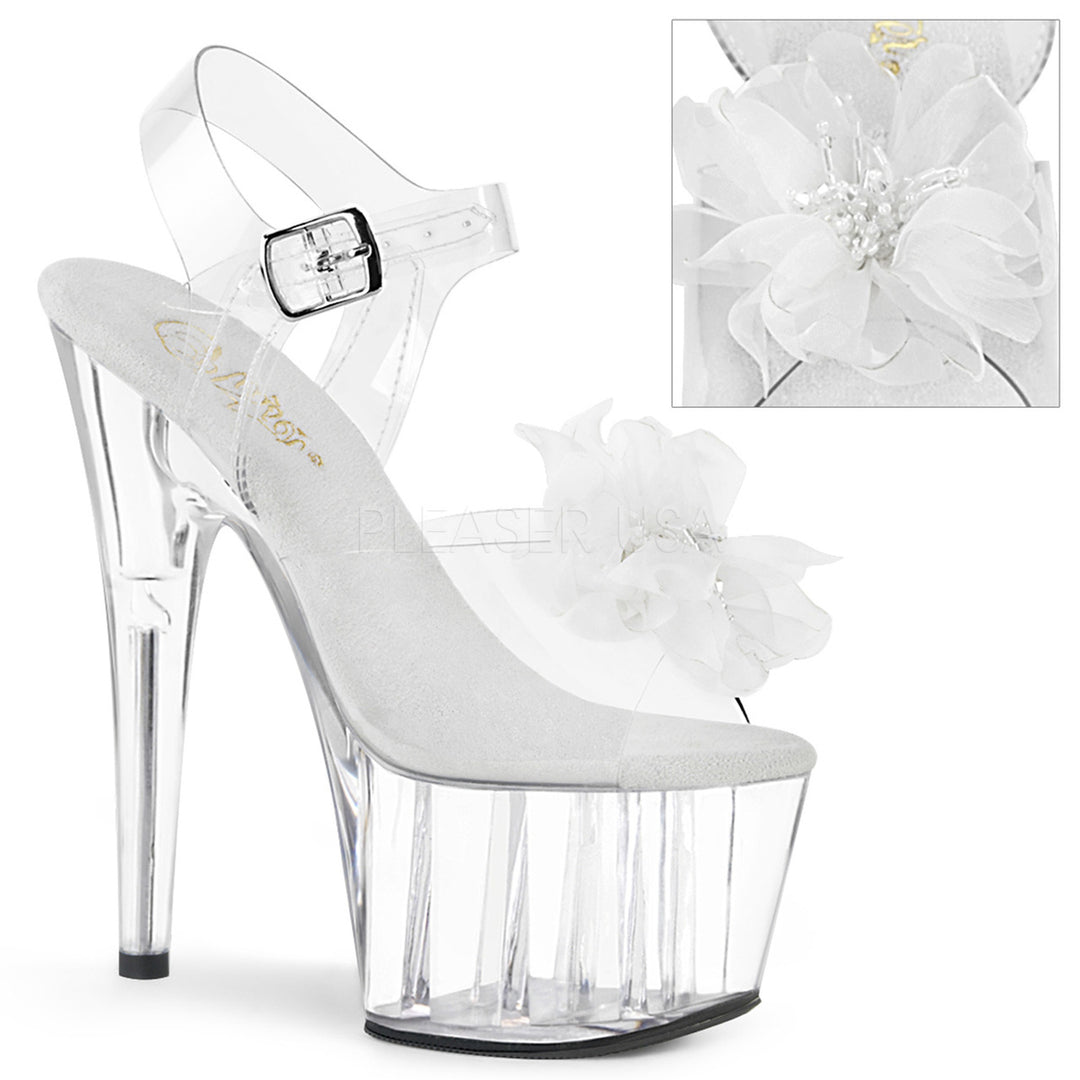 Women's clear/white ankle strap pole dancing heels with 7" heel.