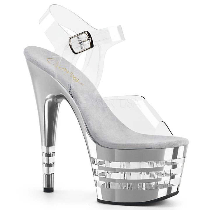 Sexy clear/silver ankle strap stripper pumps with 7" heel.