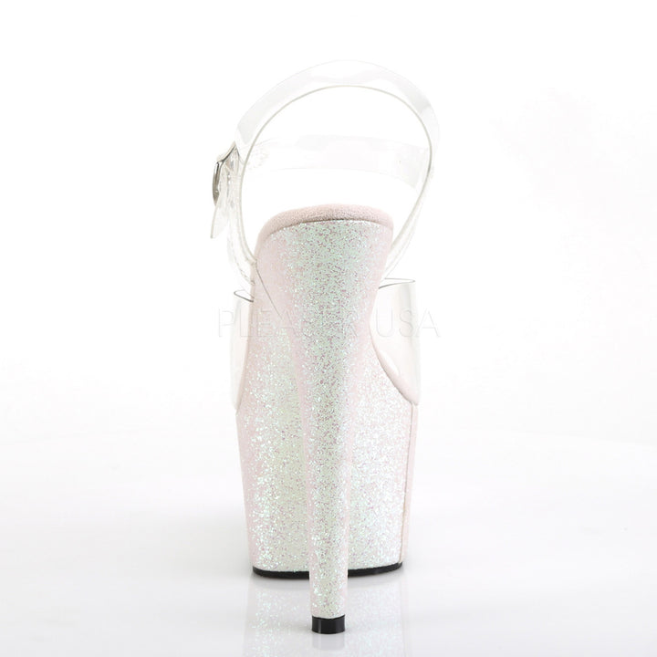Women's sexy 7 inch high heel clear and opal exotic dancer shoes with glitter 2.8" platform with ankle strap.
