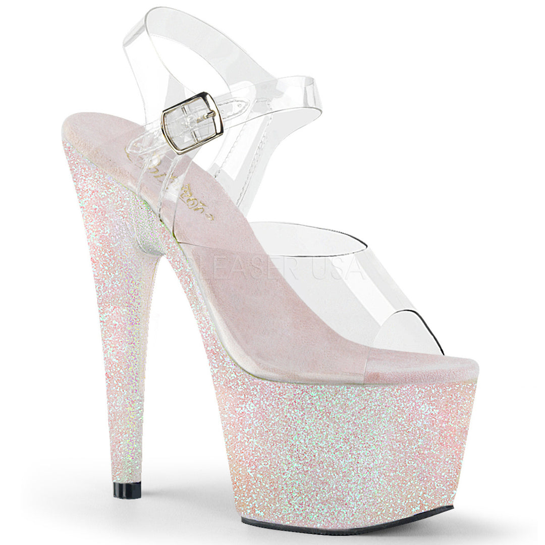 Women's sexy clear/opal glitter ankle strap exotic dancer heels with 7" high heel.