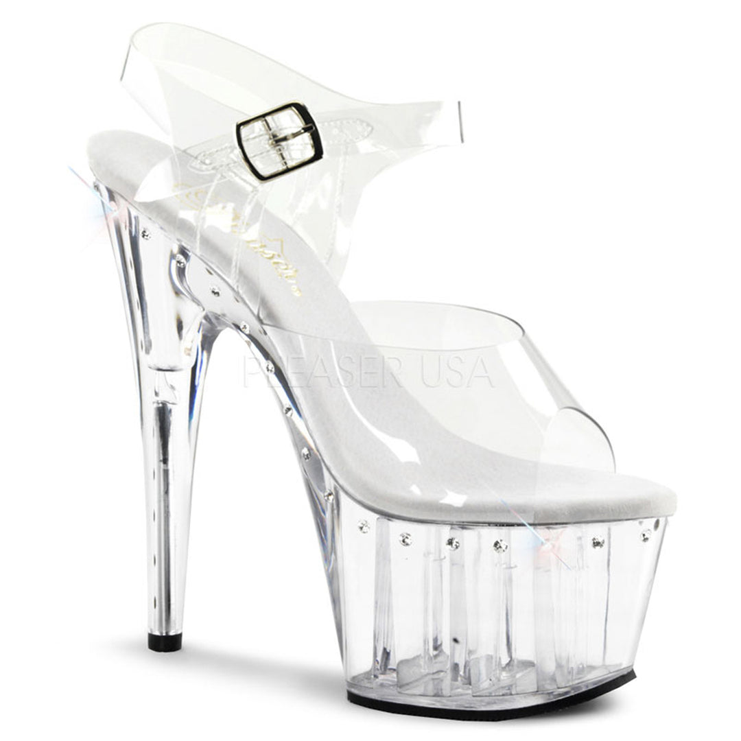 Sexy clear ankle strap pole dancing high heels with 7" stiletto heel.