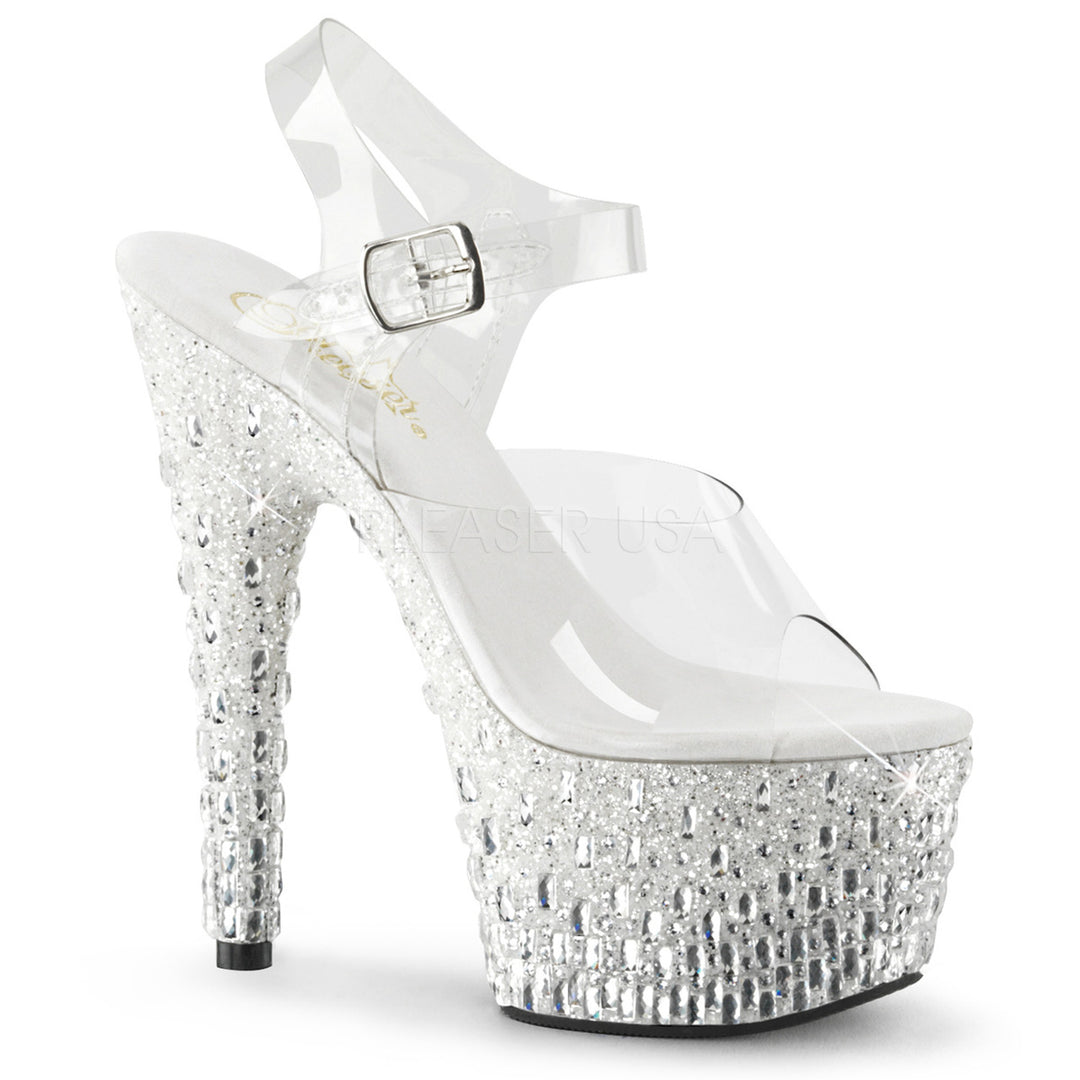 Sexy clear/white glitter ankle strap pole dancing high heels with 7" stiletto heel.