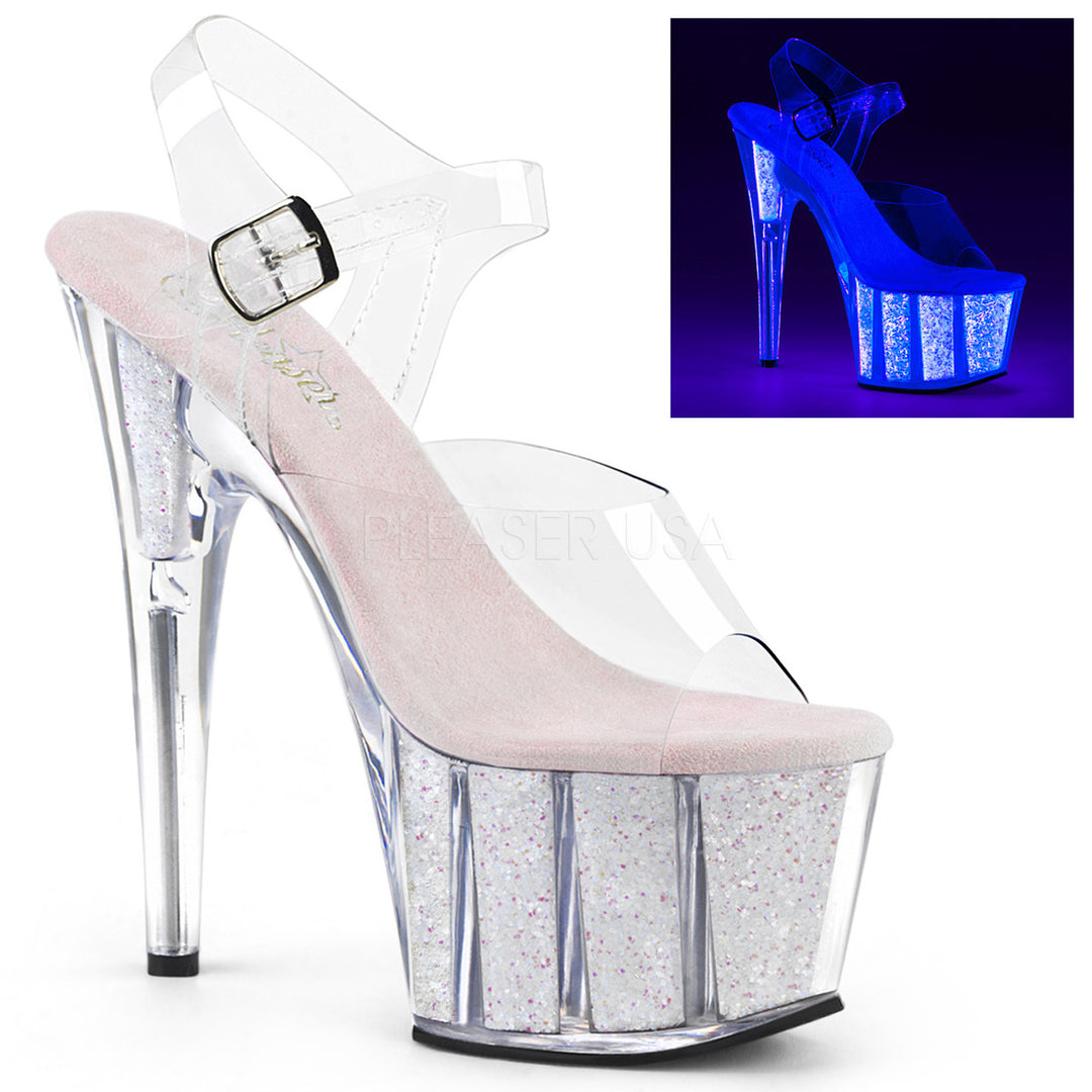 Women's clear glitter ankle strap stripper heels with 7" heel.